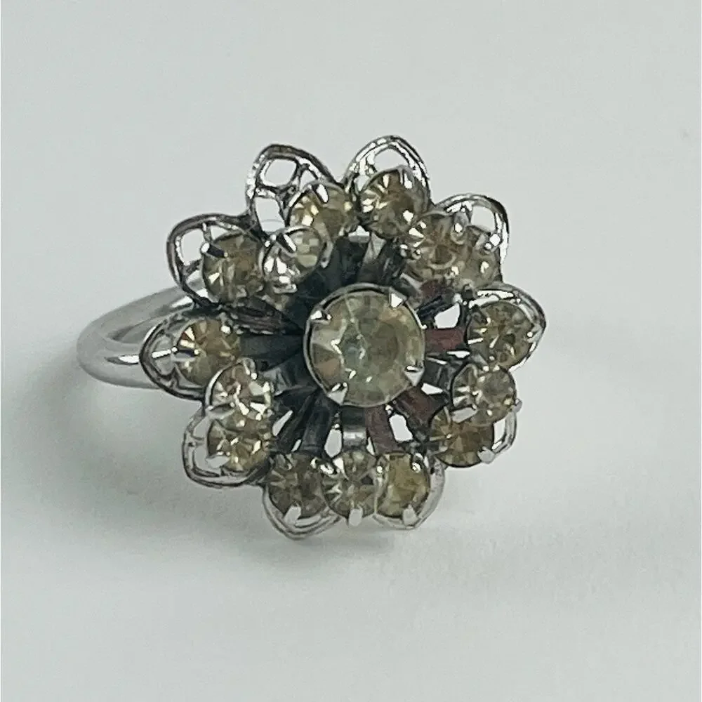 SARAH COVENTRY Rhinestone Flower Ring Silver Tone Vintage Signed Tiered Layered